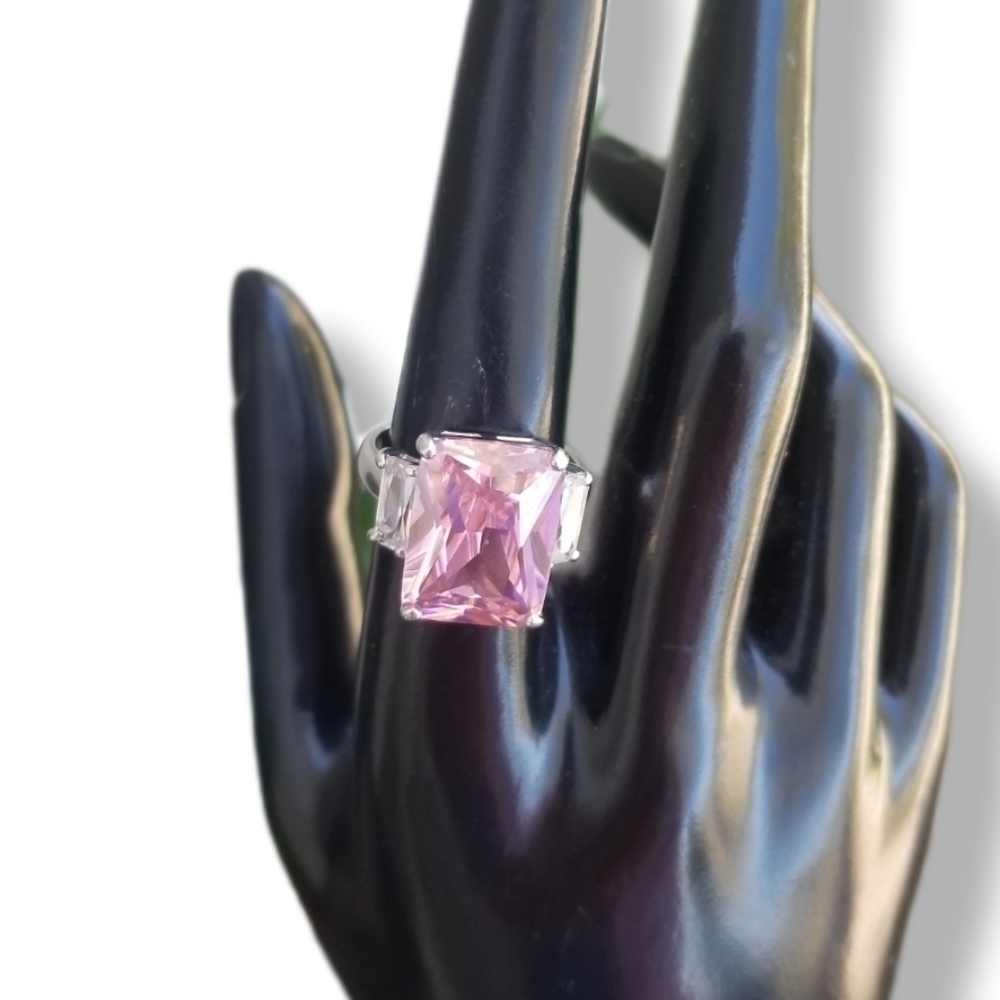 RHODIUM SILVERPLATED  & RADIANT CUT PINK ICE LADIES COCKTAIL RING